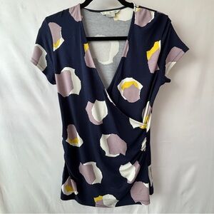Boden Navy and Pink Abstract Wrap Blouse Short Sleeve Sz 10 Chic Glam Stylish